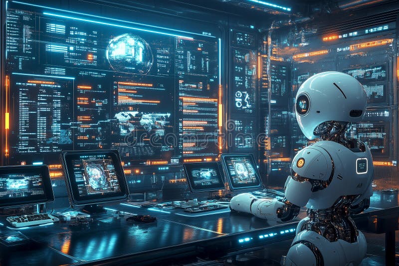Eine futuristische Unternehmenszentrale zur Echtzeit-Überwachung des Handels mit Emissionsgutschriften durch Roboter vektor abbildung