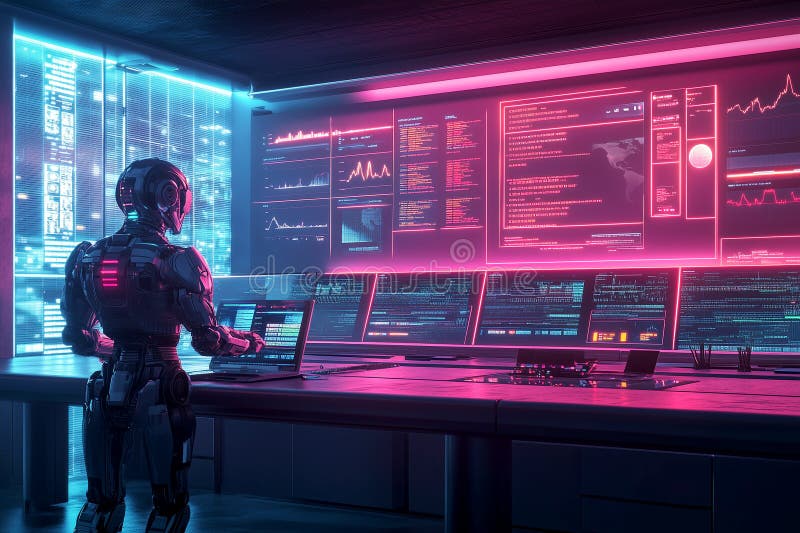 Eine futuristische Unternehmenszentrale zur Echtzeit-Überwachung des Handels mit Emissionsgutschriften durch Roboter lizenzfreie abbildung