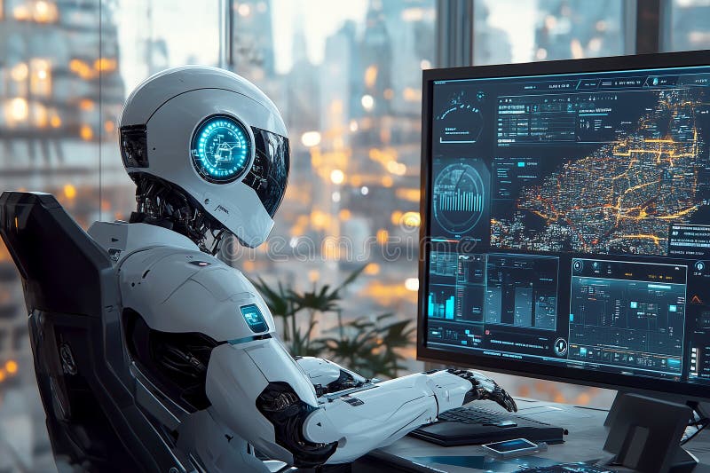Eine futuristische Unternehmenszentrale zur Echtzeit-Überwachung des Handels mit Emissionsgutschriften durch Roboter. Darstellung einer futuristischen Unternehmensbüros zur Echtzeit-Überwachung von CO2-Kreditgeschäften über digitale Dashboards und Hologramme