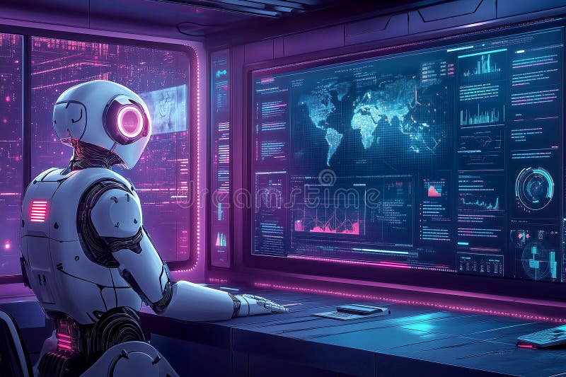 Eine futuristische Unternehmenszentrale zur Echtzeit-Überwachung des Handels mit Emissionsgutschriften durch Roboter lizenzfreie abbildung