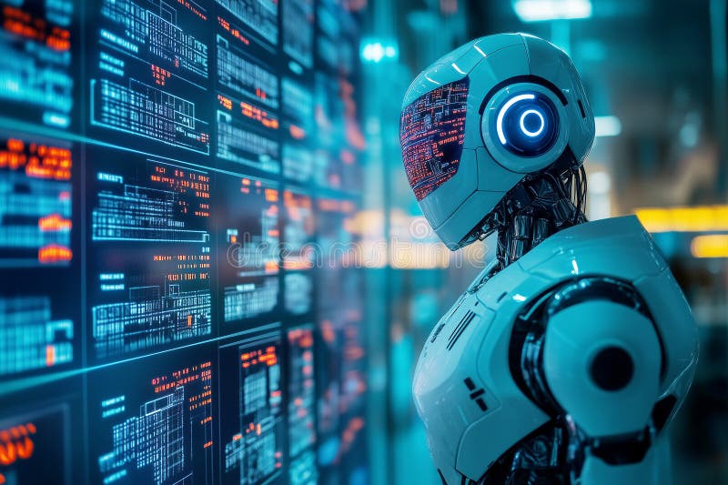 Eine futuristische Unternehmenszentrale zur Echtzeit-Überwachung des Handels mit Emissionsgutschriften durch Roboter lizenzfreie abbildung