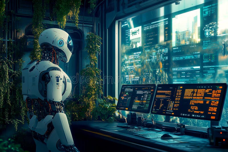 Eine futuristische Unternehmenszentrale zur Echtzeit-Überwachung des Handels mit Emissionsgutschriften durch Roboter vektor abbildung