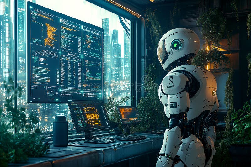 Eine futuristische Unternehmenszentrale zur Echtzeit-Überwachung des Handels mit Emissionsgutschriften durch Roboter stock abbildung