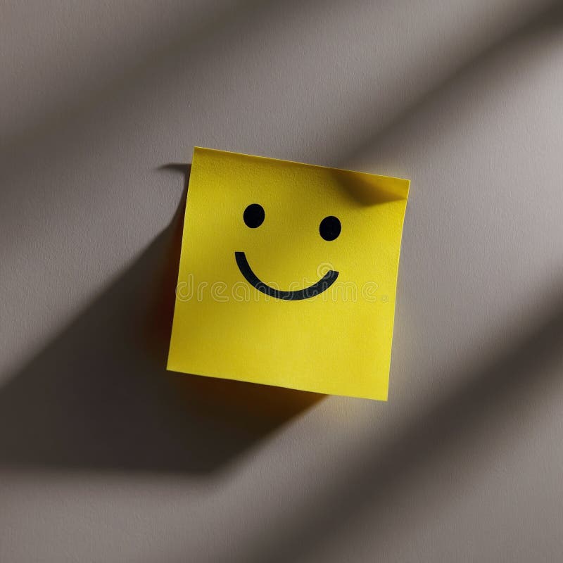 Eine gelbe klebrige Note mit einem einfachen schwarzen Smiley-Gesicht. stock abbildung