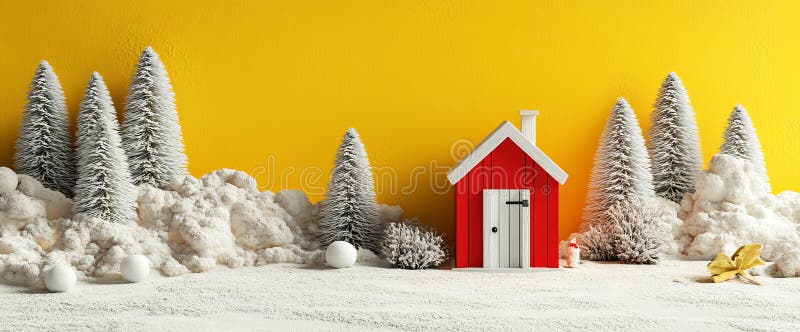 Eine gemütliche, schneebedeckte Hütte mit Fenstern, die von Kiefern umgeben ist, in gelber Umgebung stockfoto