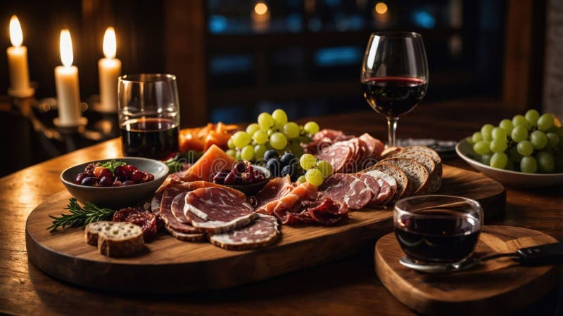 Eine gemütliche Spende von charcuterie Wein und Trauben perfekt für einen entspannenden Abend stock abbildung