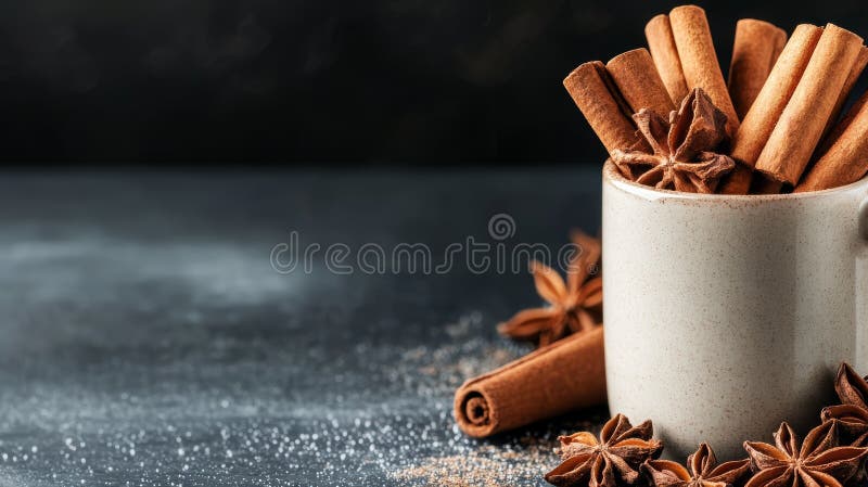 Eine gemütliche Tasse mit aromatischen Zimt-Sticks umgeben von Sternanis auf dunklem Hintergrund, perfekt für Herbst oder Winter lizenzfreie abbildung