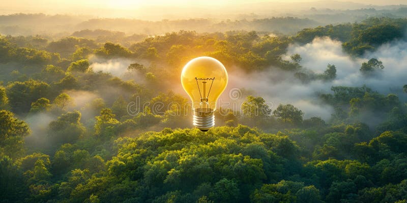 Eine Glühbirne schwebt über einem scheußlichen Wald. Generative AI
