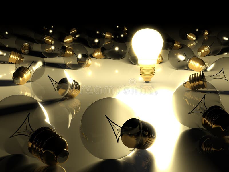 Eine glühende Glühlampe unter anderen Glühlampen lizenzfreie abbildung
