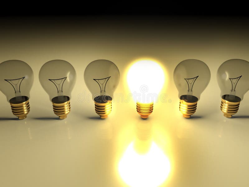 Eine glühende Glühlampe unter anderen Glühlampen lizenzfreie abbildung