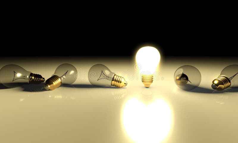 Eine glühende Glühlampe unter anderen Glühlampen lizenzfreie abbildung