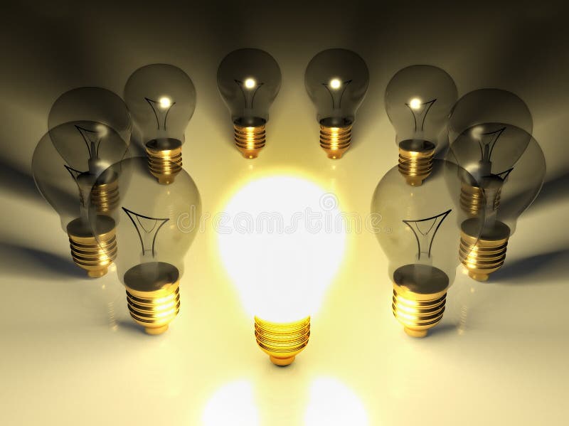 Eine glühende Glühlampe unter anderen Glühlampen lizenzfreie abbildung