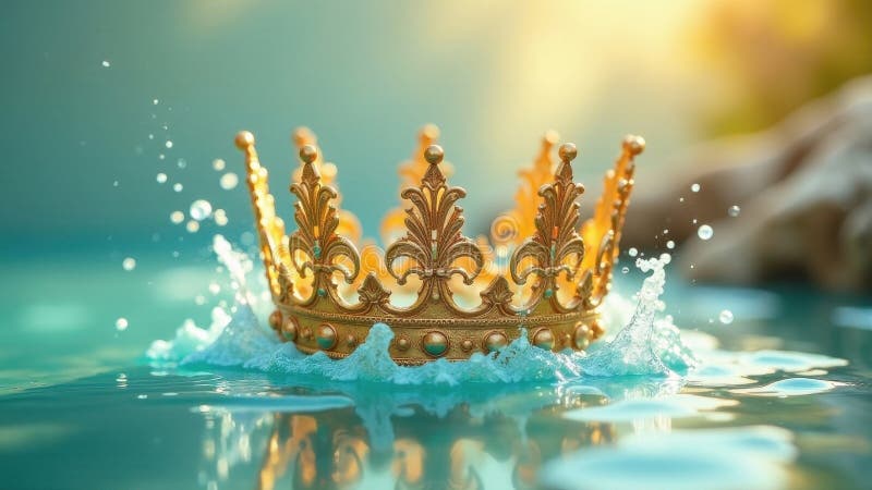 Eine goldene Krone, die sanft auf ein ruhiges Gewässer abfällt und einen faszinierenden Blick auf die Ruhe bietet. Generative AI stock abbildung