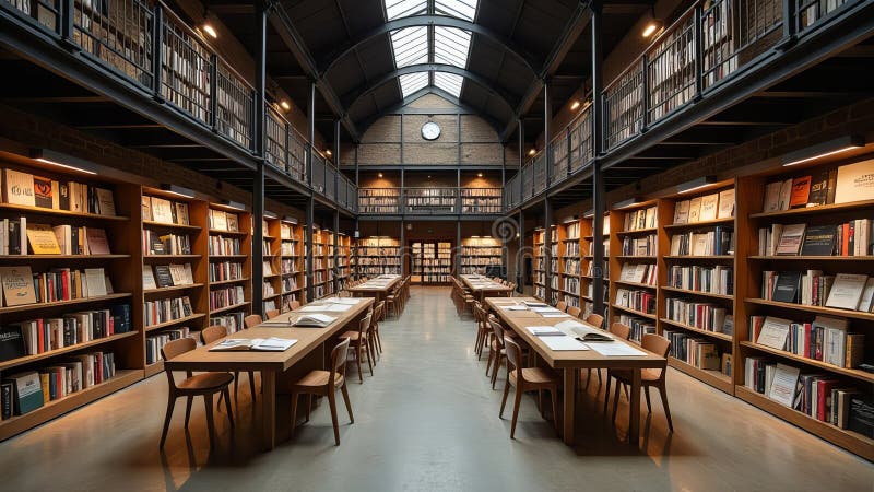 Eine große Bibliothek mit zahlreichen Regalen und Tischen stock abbildung
