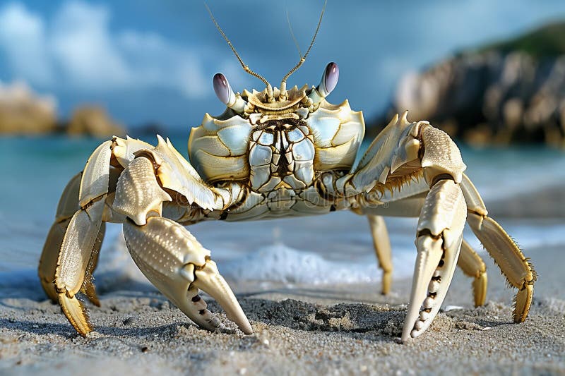 Eine große Krabbe läuft auf Sand in der Nähe des Ozeans hohe Qualität hoch auflösend stock abbildung