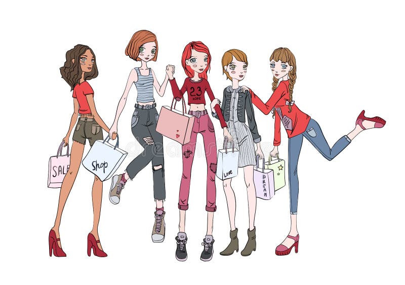 Eine Gruppe Mädchen mit Einkaufstaschen in den Händen Vektorillustration, lokalisiert auf weißem Hintergrund stock abbildung Eine Gruppe Mädchen mit Einkaufstaschen in den Händen Vektorillustration, lokalisiert auf weißem Hintergrund stock abbildung