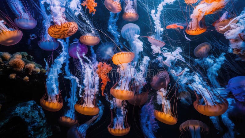 Eine Gruppe Quallen, die im Ozean schwimmen, mit vielen verschiedenen Farben ai lizenzfreie stockfotos
