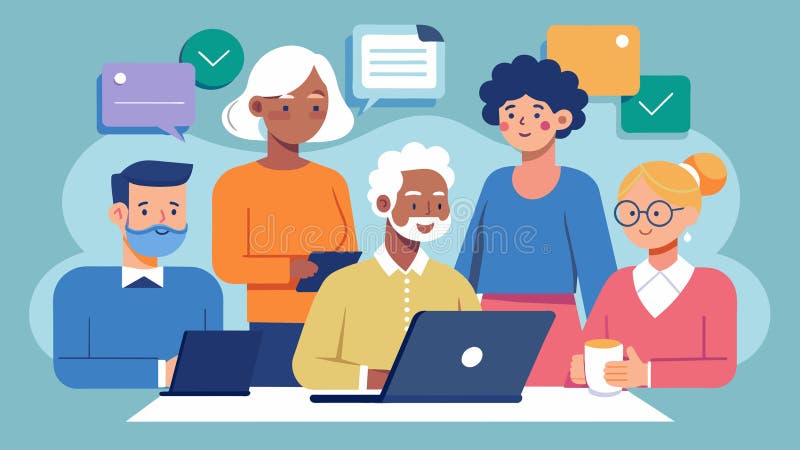 Eine Gruppe älterer Erwachsener arbeitet in einem virtuellen Team zusammen, das Marketingstrategien für ihr Remote Consulting Unte lizenzfreie abbildung