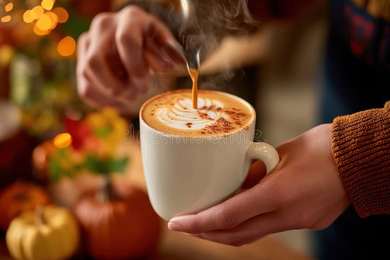 Eine Handschließung mit einer Dampftasse Latte Art mit Zimt vektor abbildung