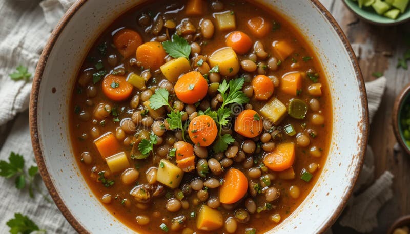 Eine herzhafte Linsensuppe mit Karottensellerie und Kräutern, ideal zur Blutzuckerkontrolle lizenzfreie abbildung