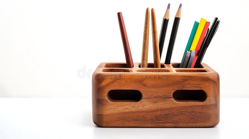 Eine Holzbox mit einer Vielzahl an Schreibgeräten, einschließlich Stifte und Stifte lizenzfreies stockfoto