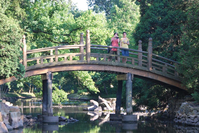 Eine Holzbrücke im schönen Japanease-Garten in Breslau, Polen lizenzfreie stockfotos Eine Holzbrücke im schönen Japanease-Garten in Breslau, Polen lizenzfreie stockfotos