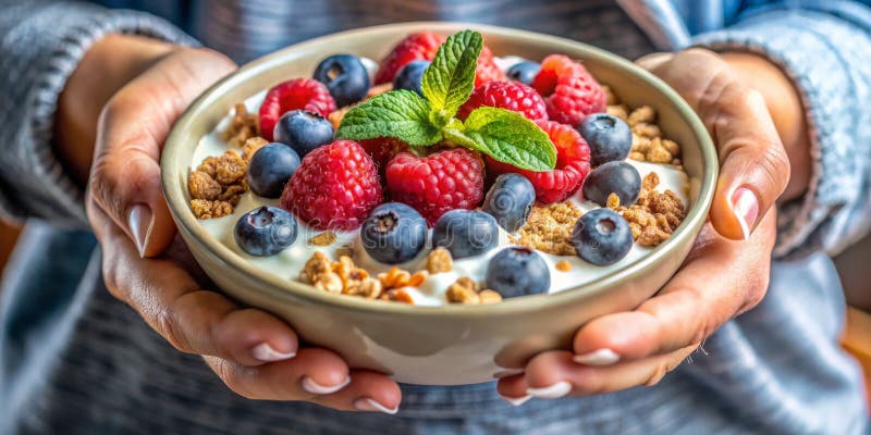 Eine Händeschüssel mit Jogurt Beeren und Granola, ein köstliches und gesundes Frühstück. lizenzfreie abbildung