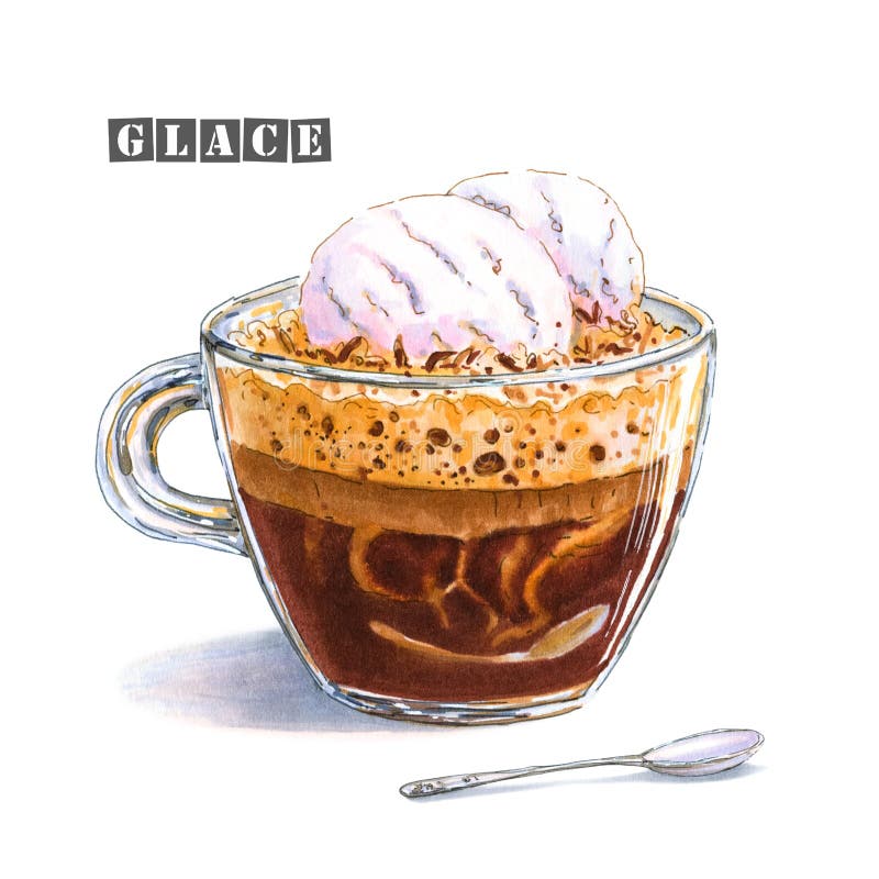 Eine Illustration eines Kaffees glace mit zwei Bällen Vanilleeis in einer Glasschale stock abbildung Eine Illustration eines Kaffees glace mit zwei Bällen Vanilleeis in einer Glasschale stock abbildung
