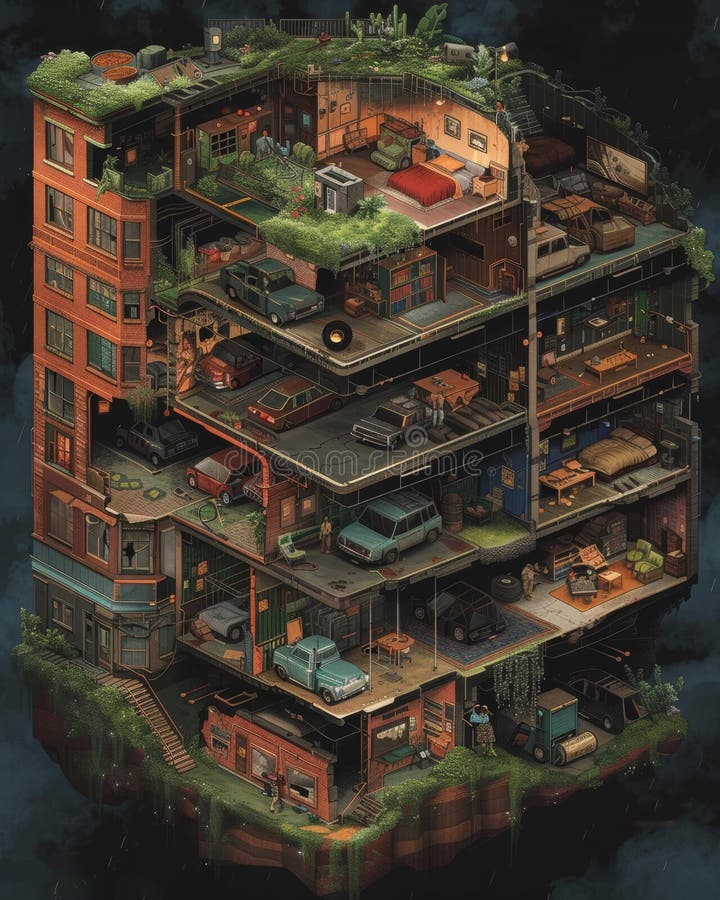 Eine Illustration über das Leben, die einen umgestalteten urbanen Turm zeigt, dessen Innenräume zum Überleben umgestaltet wurden lizenzfreies stockbild