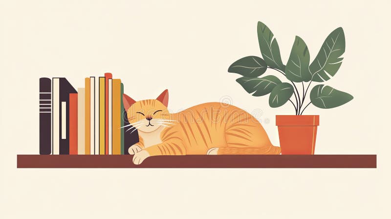 Eine Katze, die neben einer Topfpflanze auf einem minimalistischen Regal sitzt stockfotografie