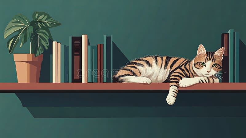 Eine Katze, die neben einer Topfpflanze auf einem minimalistischen Regal sitzt stockbild