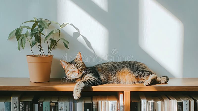 Eine Katze, die neben einer Topfpflanze auf einem minimalistischen Regal sitzt lizenzfreie stockfotos
