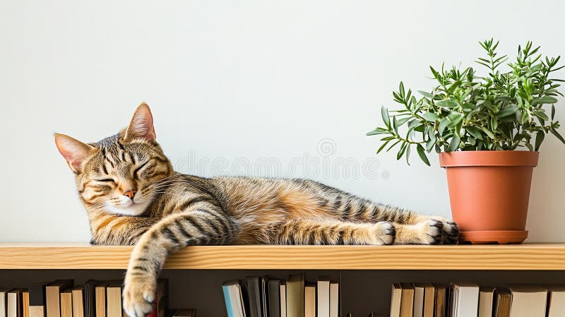 Eine Katze, die neben einer Topfpflanze auf einem minimalistischen Regal sitzt stockbilder