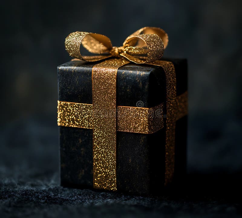 Eine kleine Geschenkbox mit mattem schwarzem Finish ist elegant verpackt mit einem schimmernden Schimmer lizenzfreie abbildung