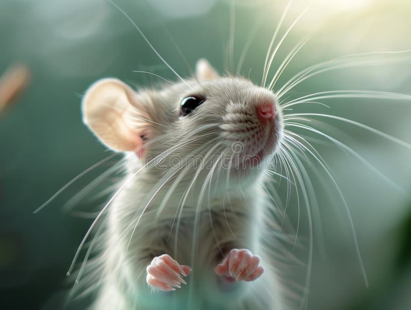 Eine kleine weiße Maus, die nach oben schaut. generative Hilfe. generative Hilfe stockfotografie