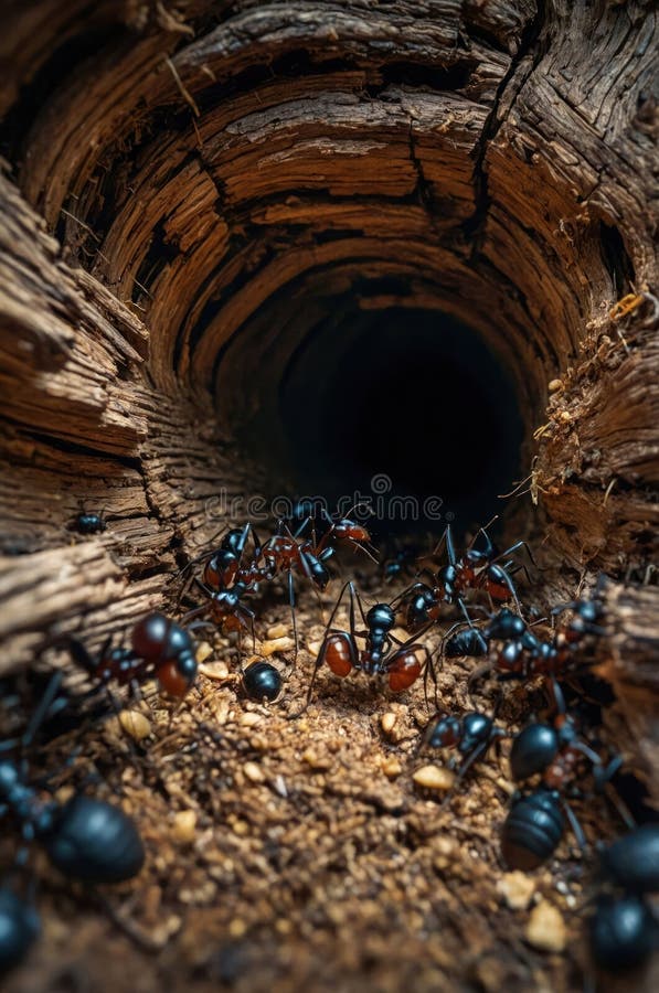 Eine Kolonie schwarzer Ameisen, die in einen verfallenen Log-Tunnel eindringen lizenzfreie abbildung