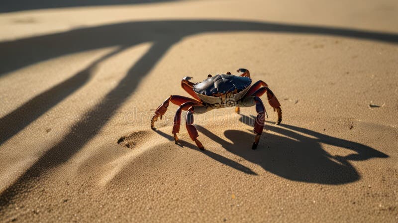 Eine Krabbe mit lebhaften Rot- und Blautönen führt am Sandstrand vorbei. lizenzfreie abbildung