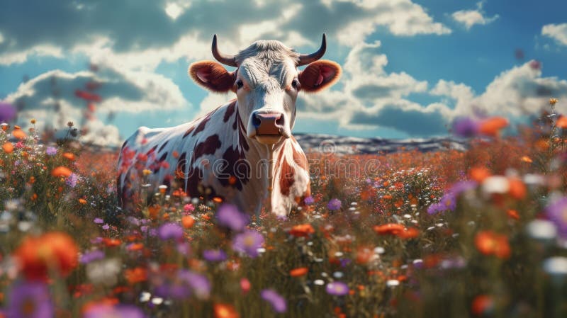 Eine Kuh auf einem Feld mit einigen Blumen. generative Hilfe vektor abbildung