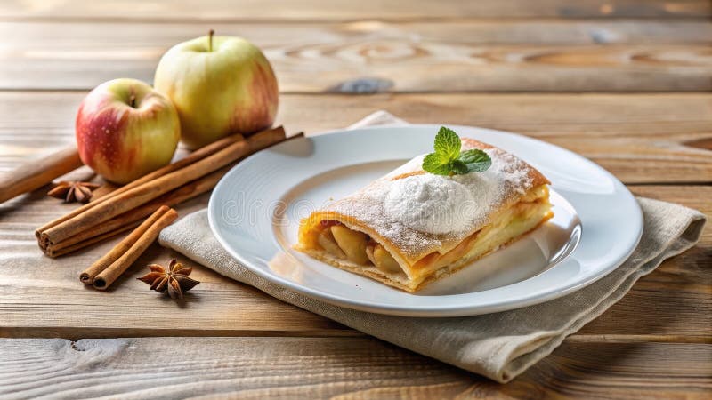 Eine köstliche Apfelstrudel, mit Zucker getränkt und mit Minzspieß versehen, liegt auf einer weißen Platte vektor abbildung