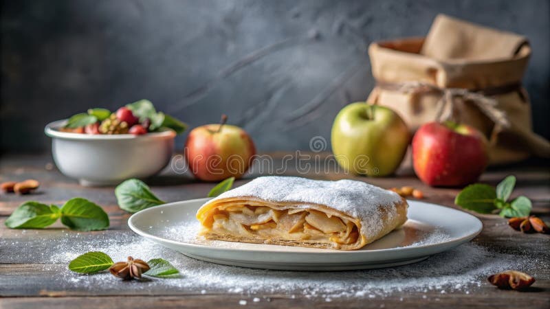 Eine köstliche Apfelstrudel mit Zuckerpulver liegt auf einem Teller mit frischen Äpfeln und Kräutern auf einer lizenzfreie abbildung