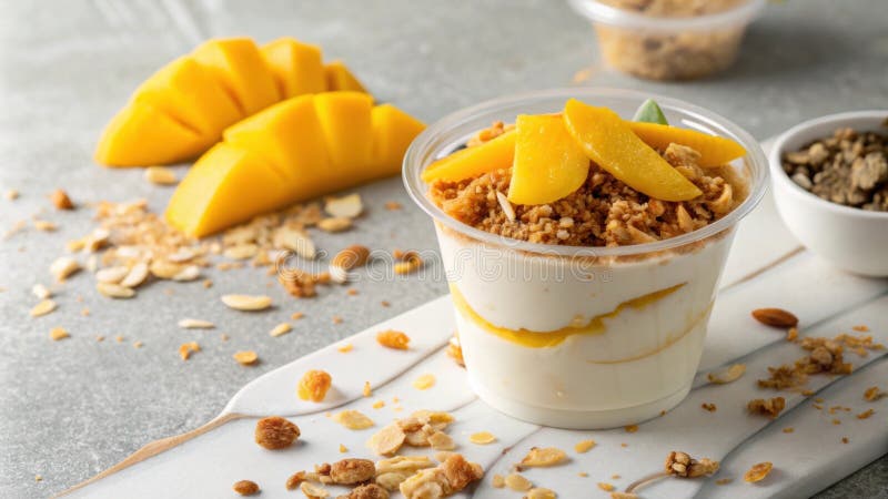Eine köstliche Aufnahme, die sich auf eine Jogurt-Tasse konzentriert, mit einer cremigen Mischung, in der sich zarte Scheiben lebe lizenzfreie stockbilder