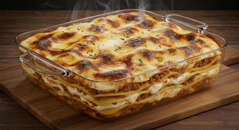 Eine köstliche, frisch gebackene, heiße Lasagne lizenzfreie abbildung