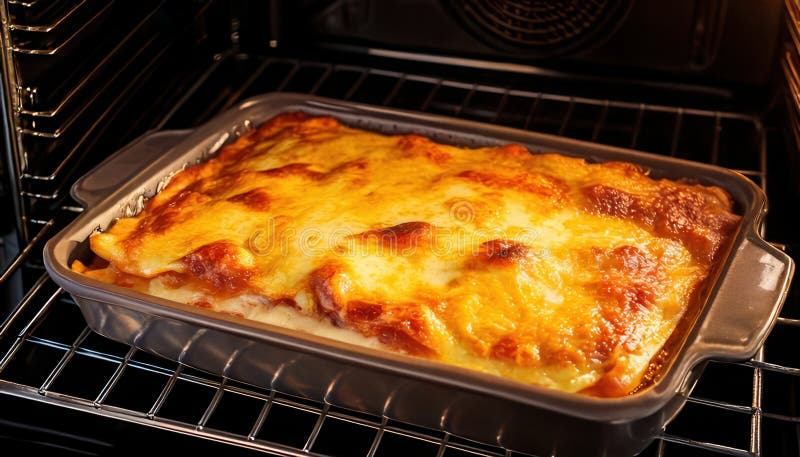 Eine köstliche, frisch gebackene Lasagne mit goldenem Schmelzkäse, die in einem heißen Backofen sitzt und serviert wird. Frischgebackene Käse Lasagna im Oven mit goldener Braun Topping Perfekt für italienische Küche und Komfort Küche