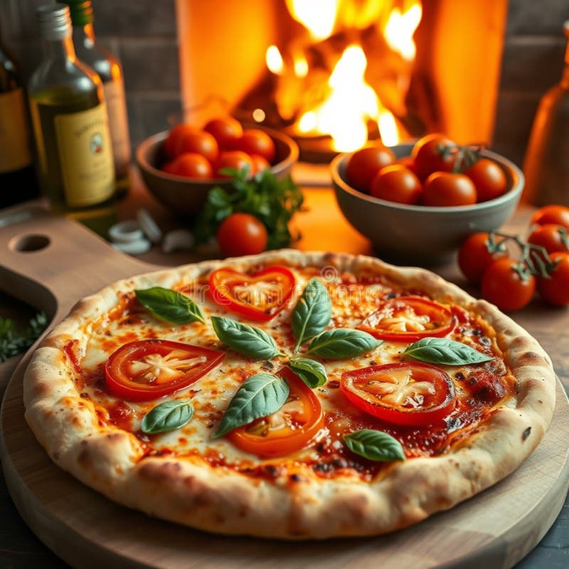 Eine köstliche, frisch gebackene Margherita Pizza mit Tomatenschnitzel mit Basilikum verlassen lizenzfreie abbildung