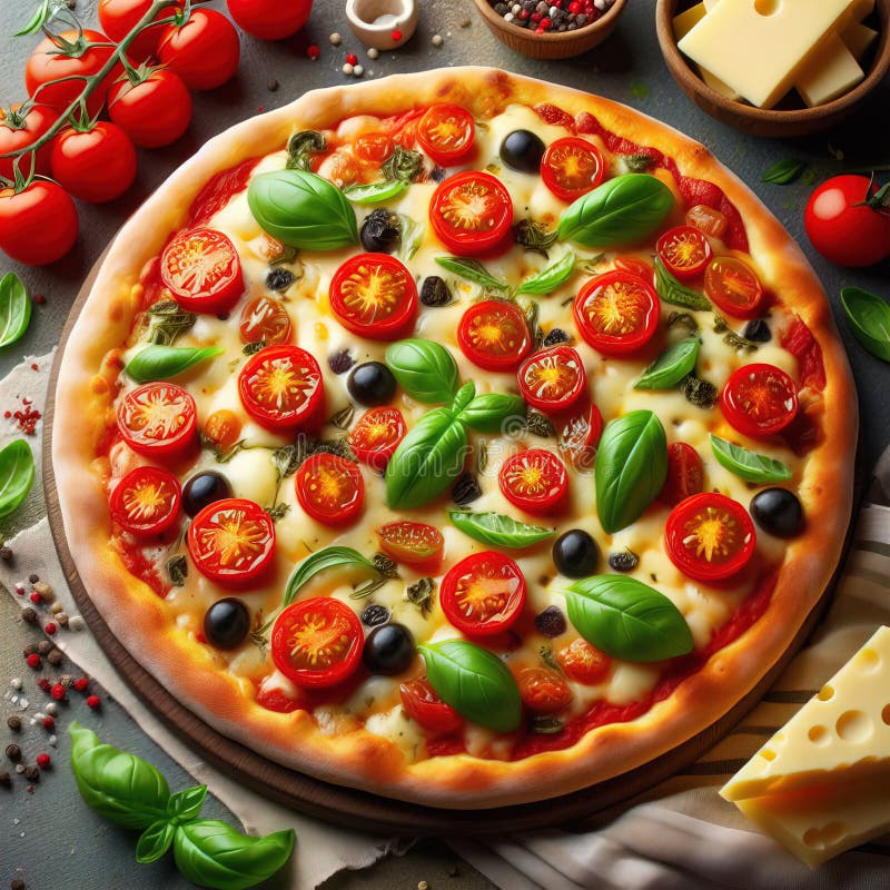Eine köstliche italienische Salami Käse Pizza über einem Holzfeuer Pizza am Feuer schön dekoriert vier Käse Pizza stock abbildung