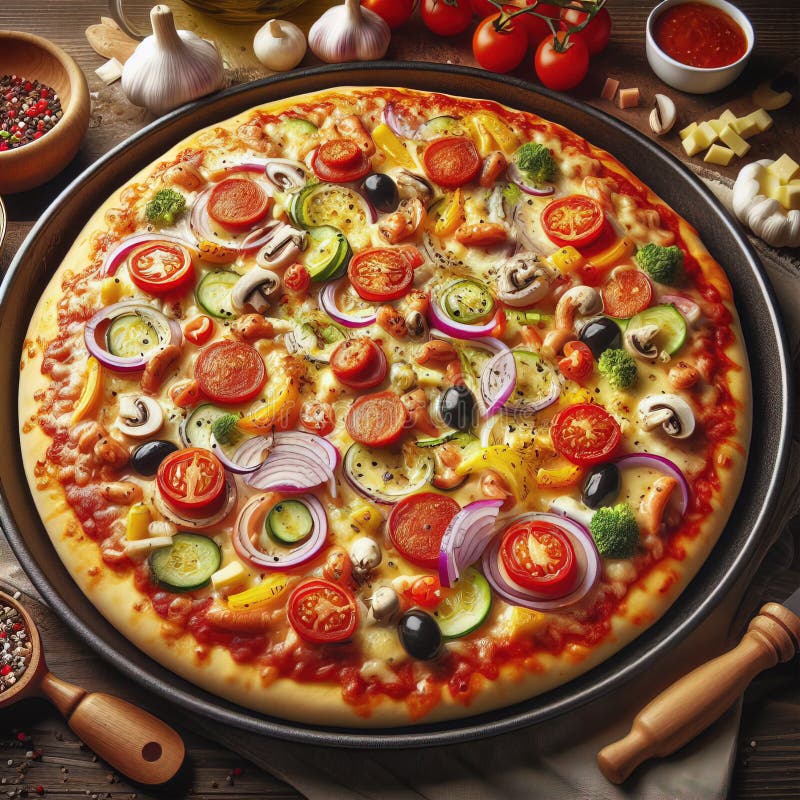 Eine köstliche italienische Salami Käse Pizza über einem Holzfeuer Pizza am Feuer schön dekoriert vier Käse Pizza stock abbildung