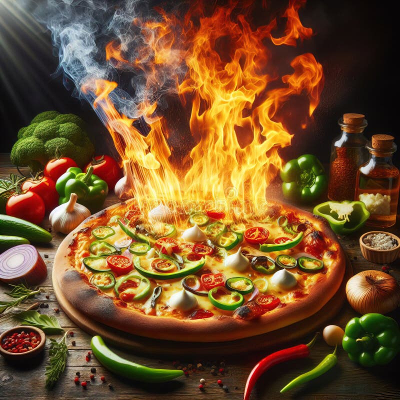Eine köstliche italienische Salami Käse Pizza über einem Holzfeuer Pizza am Feuer schön dekoriert vier Käse Pizza lizenzfreie abbildung
