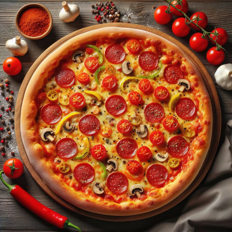 Eine köstliche italienische Salami Käse Pizza über einem Holzfeuer Pizza am Feuer schön dekoriert vier Käse Pizza vektor abbildung