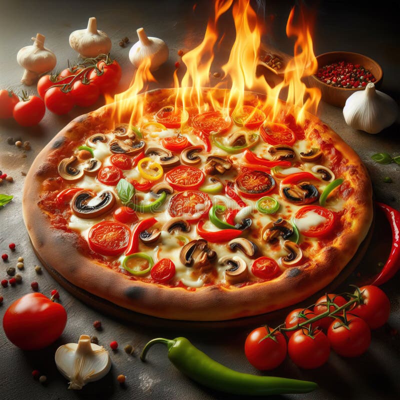 Eine köstliche italienische Salami Käse Pizza über einem Holzfeuer Pizza am Feuer schön dekoriert vier Käse Pizza vektor abbildung