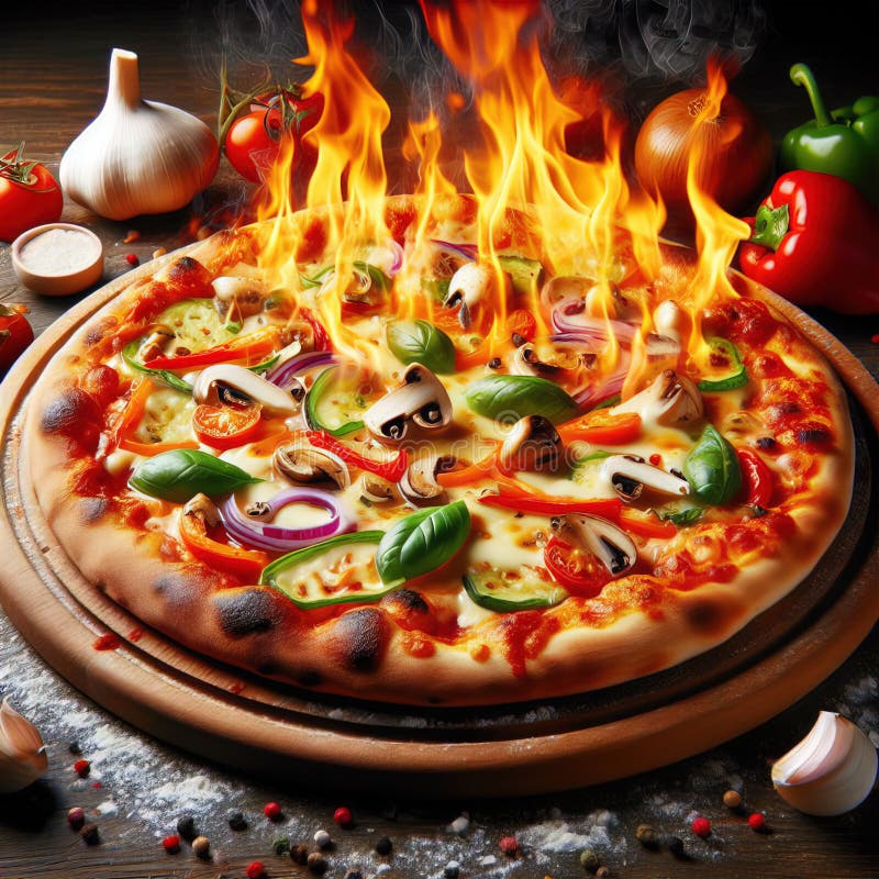 Eine köstliche italienische Salami Käse Pizza über einem Holzfeuer Pizza am Feuer schön dekoriert vier Käse Pizza stock abbildung